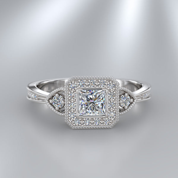 0.57ct Certified Princess Cut Diamond Gold Halo Engagement Ring - 13GG08